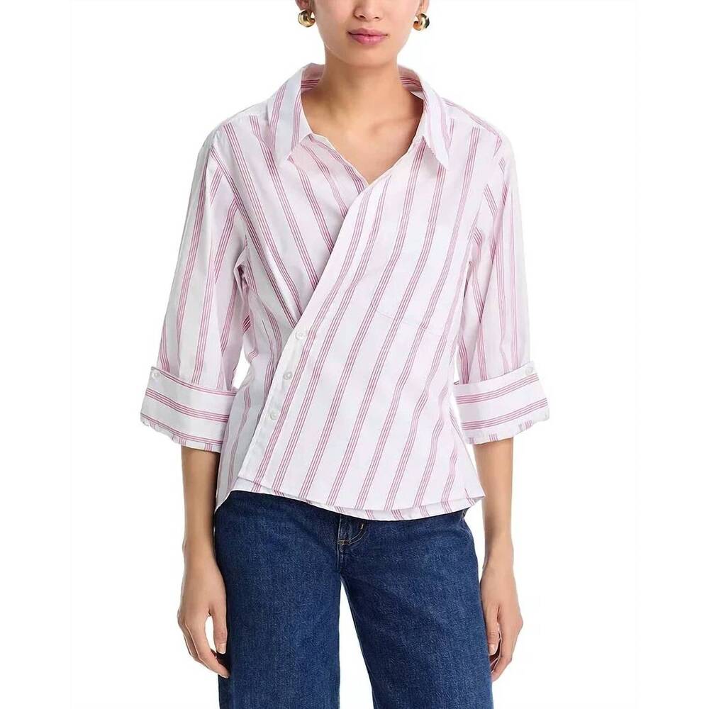 NEW CISSA overshirt asymmetrical placket top in pelicano stripe